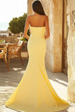 Mermaid Strapless Yellow Satin Prom Dress with Slit