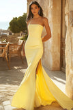 Mermaid Strapless Yellow Satin Prom Dress with Slit