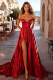 Off the Shoulder A Line Pleated Red Satin Prom Dress with Slit
