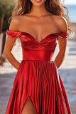 Off the Shoulder A Line Pleated Red Satin Prom Dress with Slit