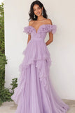 Lilac Ruffled Off the Shoulder A Line Pleated Prom Dress