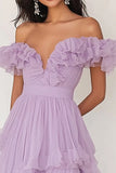 Lilac Ruffled Off the Shoulder A Line Pleated Prom Dress