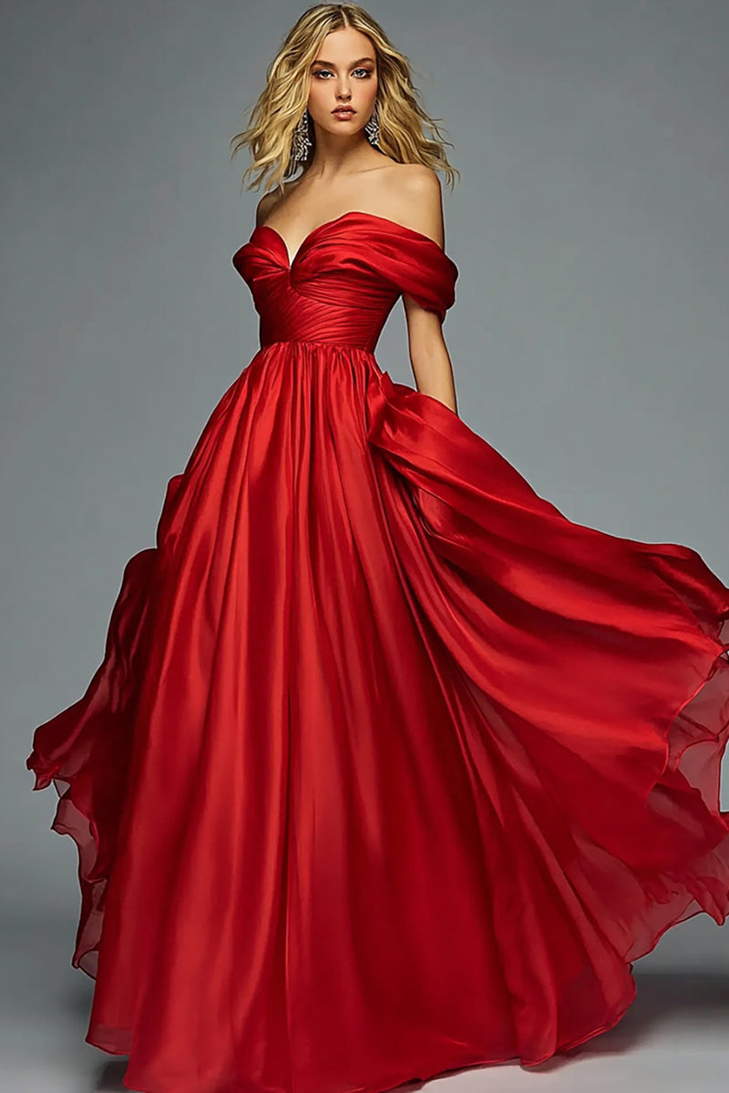 Load image into Gallery viewer, Red Off The Shoulder A Line Pleated Prom Dress