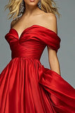 Red Off The Shoulder A Line Pleated Prom Dress