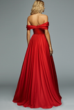 Red Off The Shoulder A Line Pleated Prom Dress