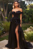 Black Off The Shoulder A Line Ruffles Prom Dress