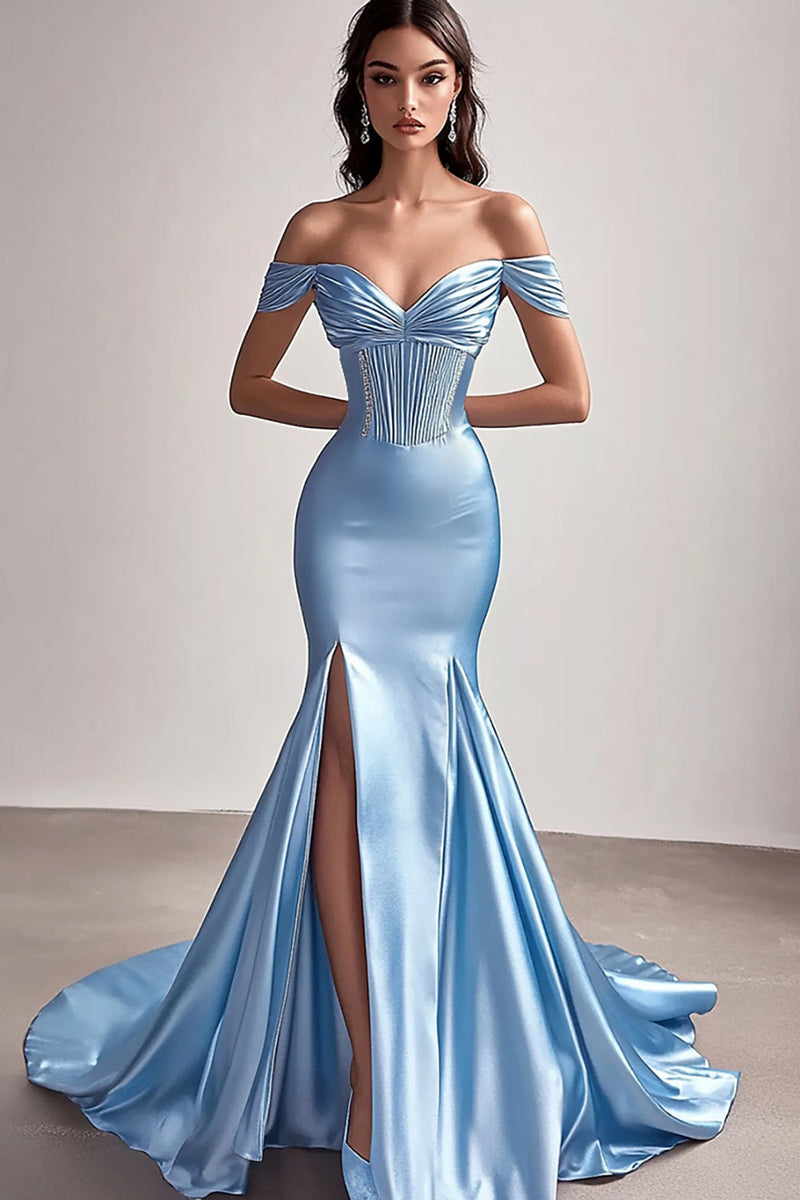 Load image into Gallery viewer, Sky Blue Off The Shoulder Mermaid Satin Prom Dress