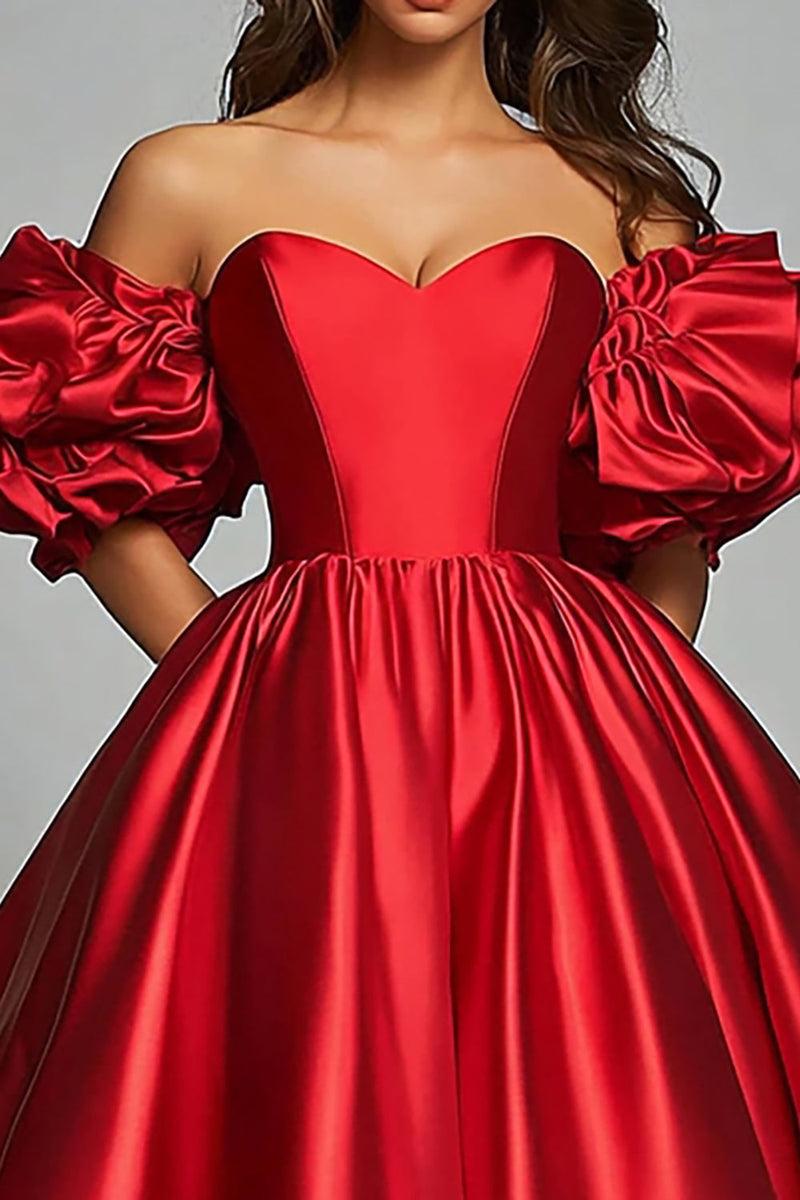 Load image into Gallery viewer, Red Off The Shoulder A Line Satin Ruffles Prom Dress