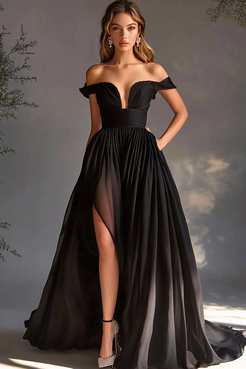 Load image into Gallery viewer, Black Off The Shoulder A Line Chiffon Prom Dress