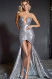 Silver Strapless Mermaid Sequins Prom Dress