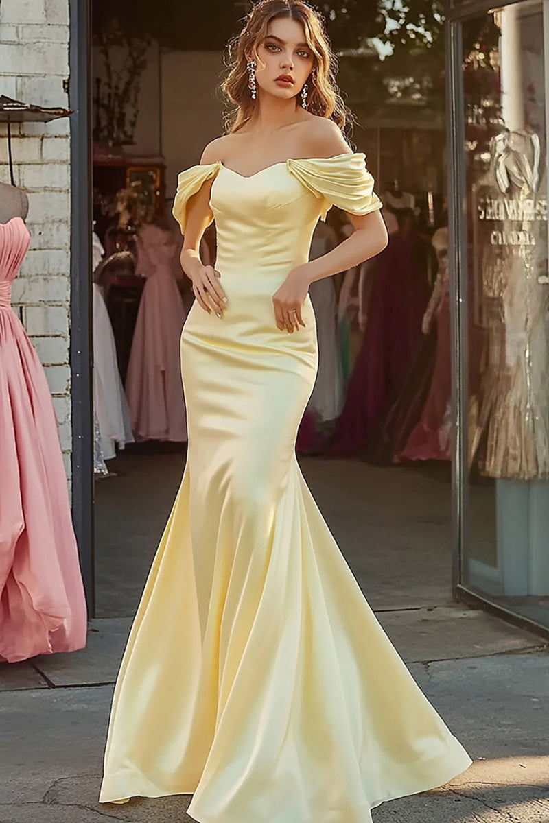 Load image into Gallery viewer, Daffodil Off The Shoulder Mermaid Satin Prom Dress