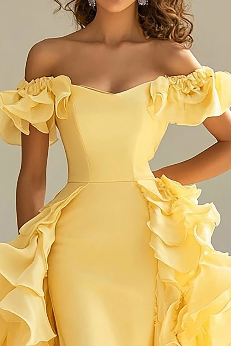 Load image into Gallery viewer, Yellow Off The Shoulder Mermaid Ruffles Satin Prom Dress