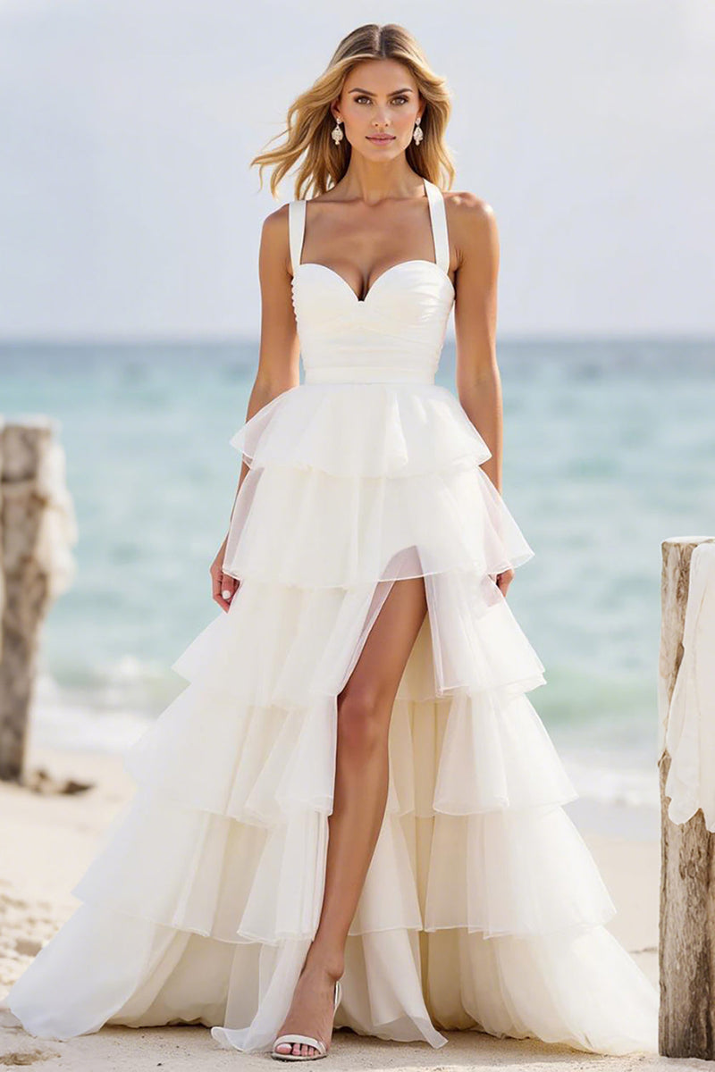 Load image into Gallery viewer, White A Line Tiered Organza Prom Dress