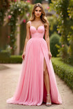 Pink A Line Spaghetti Straps Chiffon Prom Dress