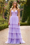 Lilac A Line Spaghetti Straps Tiered Prom Dress
