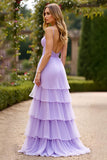 Lilac A Line Spaghetti Straps Tiered Prom Dress