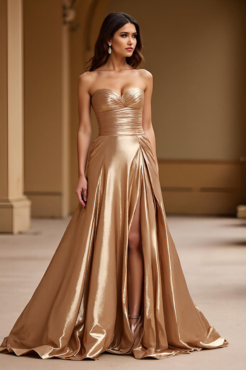 Load image into Gallery viewer, Gold Strapless A Line Metallic Satin Prom Dress