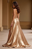 Gold Strapless A Line Metallic Satin Prom Dress