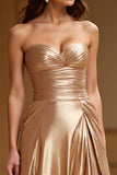 Gold Strapless A Line Metallic Satin Prom Dress