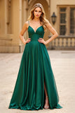 Dark Green A Line Spaghetti Straps Satin Prom Dress