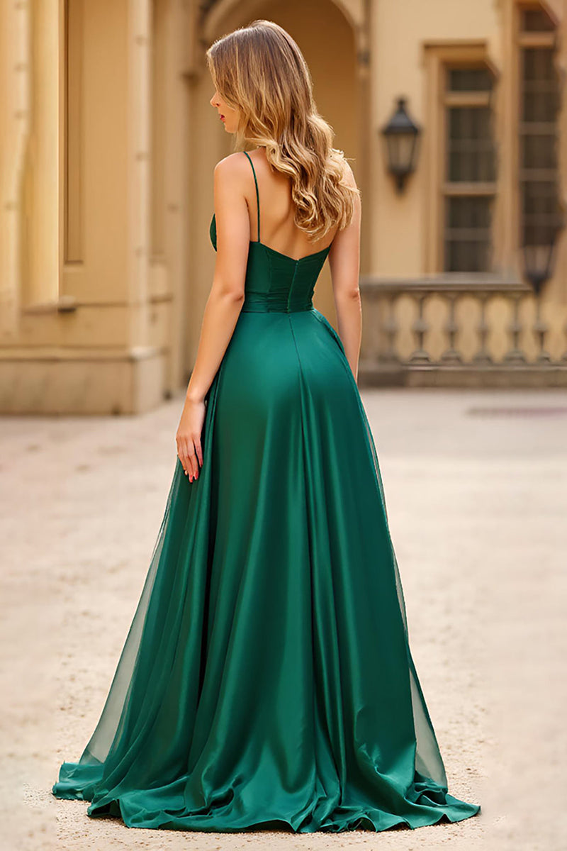Load image into Gallery viewer, Dark Green A Line Spaghetti Straps Satin Prom Dress