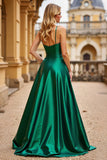 Dark Green A Line Spaghetti Straps Satin Long Prom Dress