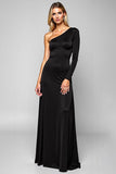 Black Sheath One Shoulder Satin Long Formal Dress with Sleeves