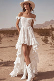 White Off the Shoulder Lace High-Low Boho Wedding Dress