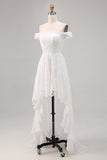 White Off the Shoulder Lace High-Low Boho Wedding Dress