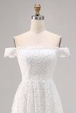White Off the Shoulder Lace High-Low Boho Wedding Dress