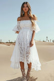 A Line Lace White Off the Shoulder Boho Wedding Dress