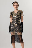 Sparkly Black Golden Fringed V Neck 1920s Dress with Short Sleeves