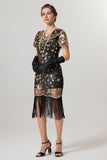 Sparkly Black Golden Fringed V Neck 1920s Dress with Short Sleeves