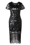 Sparkly Black Golden Fringed V Neck 1920s Dress with Short Sleeves