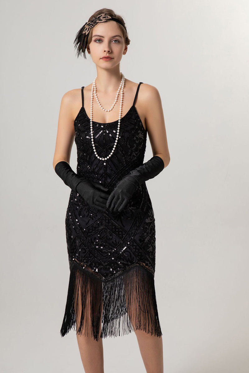 Load image into Gallery viewer, Black Golden Sheath Sequin 1920s Flapper Dress with Tassles
