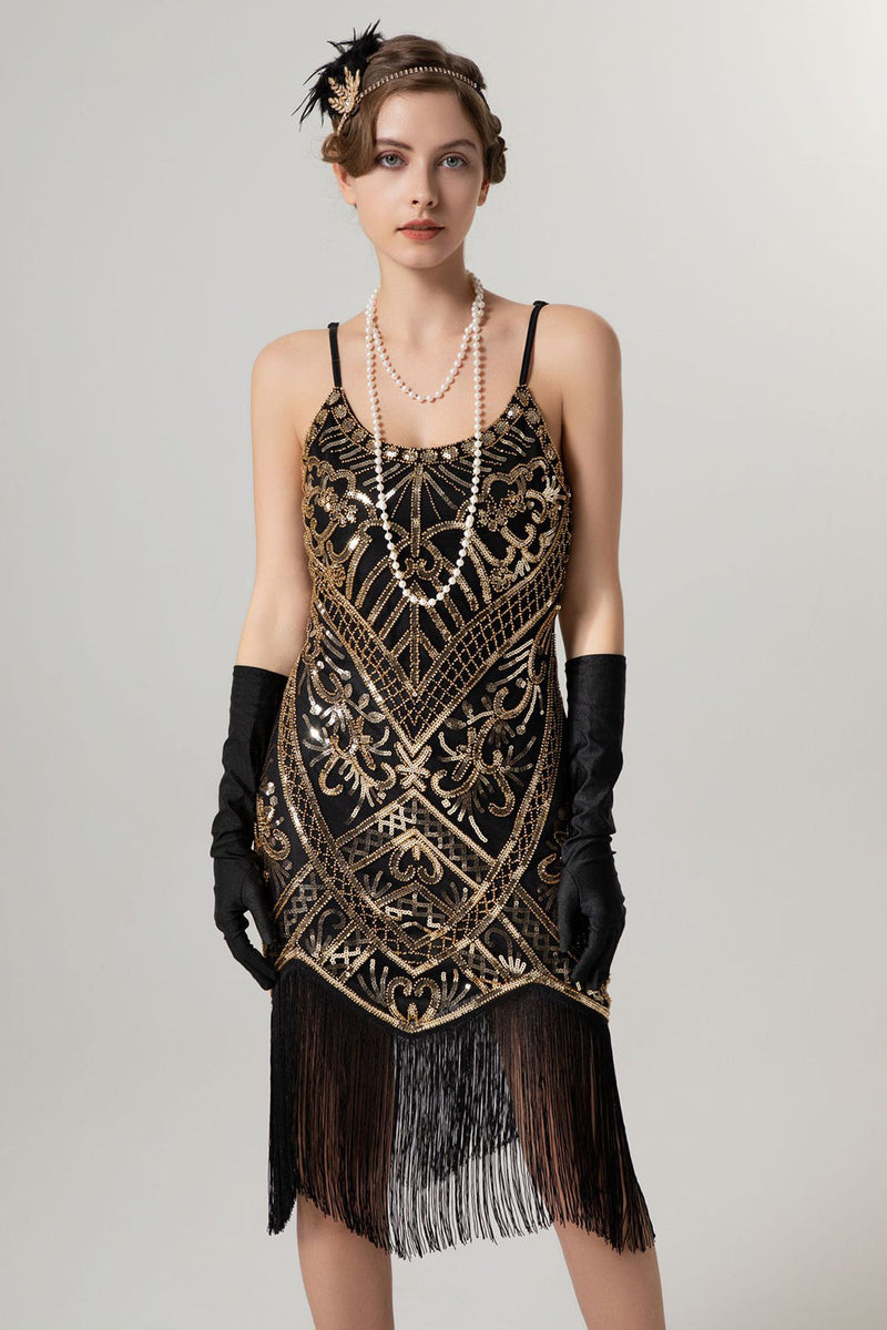 Load image into Gallery viewer, Black Golden Sheath Sequin 1920s Flapper Dress with Tassles