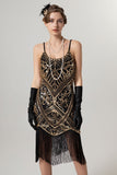 Black Golden Sheath Sequin 1920s Flapper Dress with Tassles