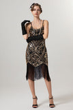 Black Golden Sheath Sequin 1920s Flapper Dress with Tassles