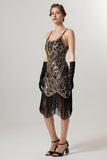 Black Golden Sheath Sequin 1920s Flapper Dress with Tassles