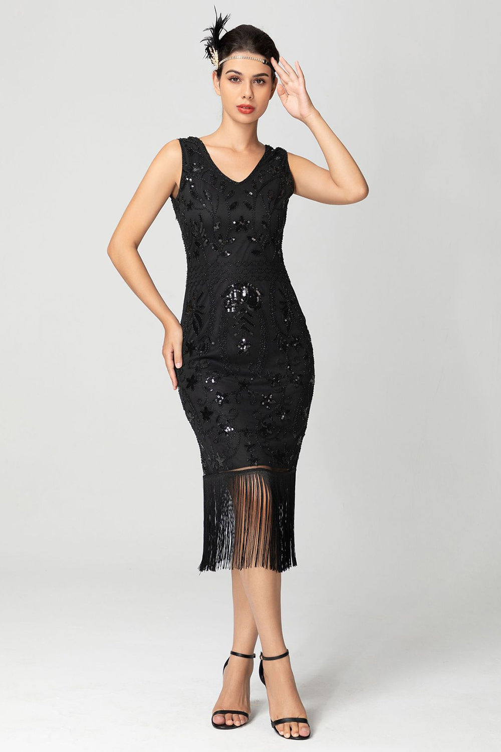Black Burgundy Sequin V Neck Fringed Midi Flapper Dress