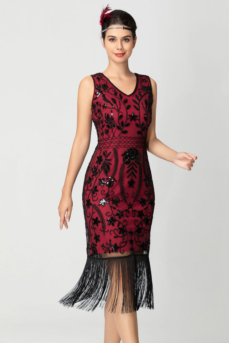 Load image into Gallery viewer, Black Burgundy Sequin V Neck Fringed Midi Flapper Dress