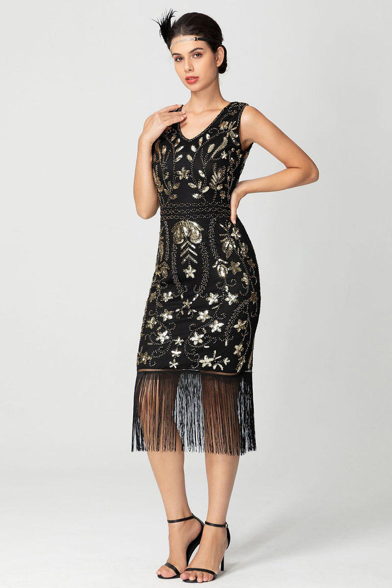 Load image into Gallery viewer, Black Burgundy Sequin V Neck Fringed Midi Flapper Dress
