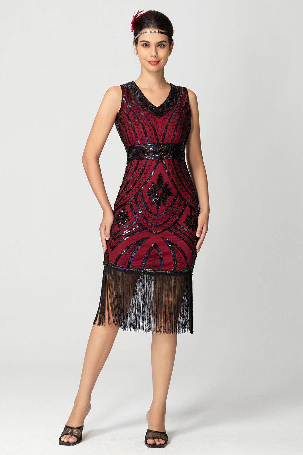 Fringed Sheath Sequin V Neck Black Bugundy 1920s Dress