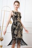 Sparkly Black Golden Sheath Boat Neck Fringed 1920s Dress