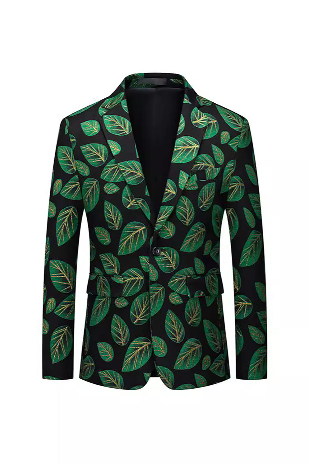 Dark Green Leaf Printed Notched Lapel Men's Blazer