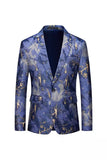 Blue Printed One Button Notched Lapel Fitted Men's Blazer