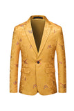 Yellow Notched Lapel Floral One Button Men's Blazer