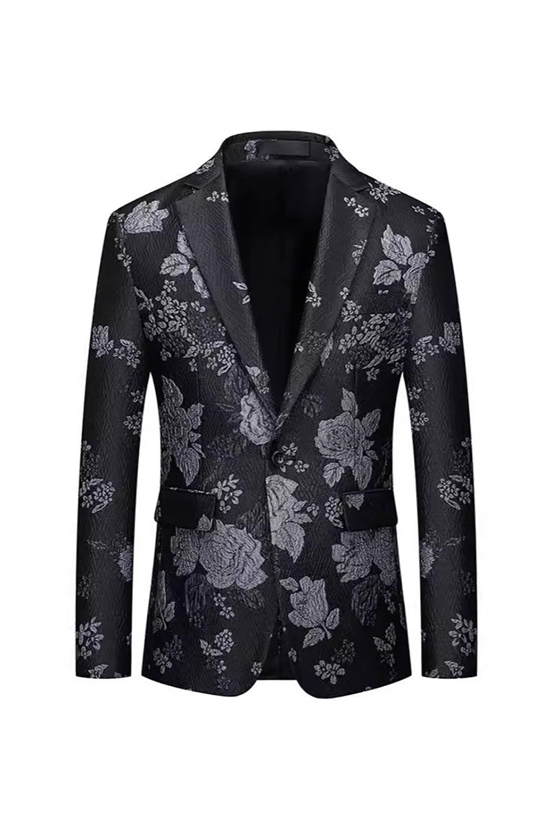 Load image into Gallery viewer, Black Floral Peak Lapel One Button Men&#39;s Blazer