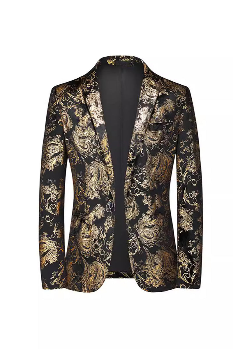 Load image into Gallery viewer, Black Golden Single Breasted Notched Lapel Printed Men&#39;s Prom Blazer