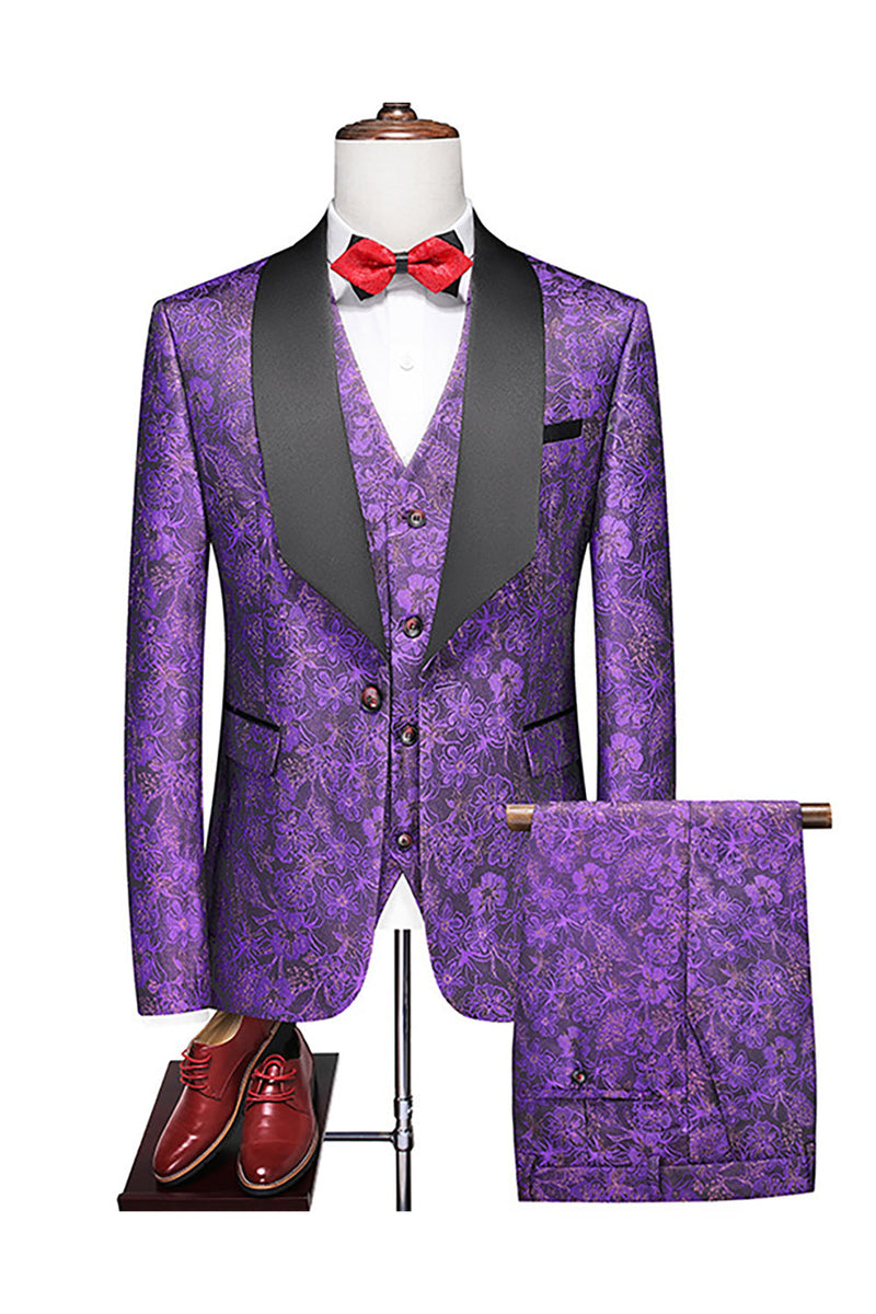 Load image into Gallery viewer, Purple Single Breasted Shawl Lapel Printed 3 Pieces Men&#39;s Prom Suits